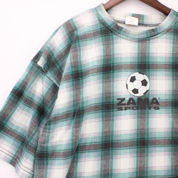 Vintage Zama Sports Shirt Mens Gray Plaid Short Sleeve Soccer Ball Graphic USA X - Picture 3 of 12